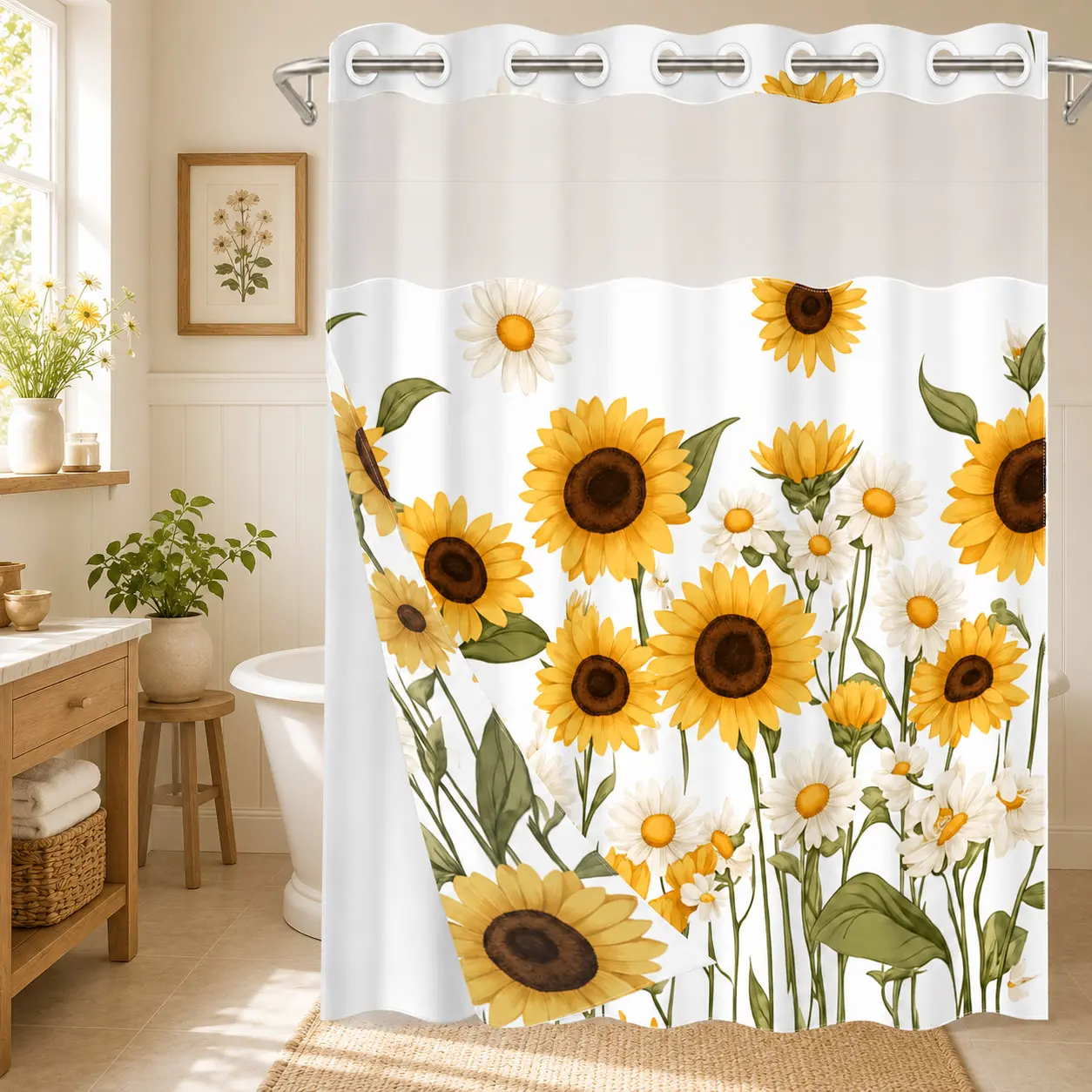 1Pc Hookless Double Layer Shower Curtain Set, Sunflower & Daisy Print, Snap-In Waterproof Mildew-Resistant Liner, Fabric Outer Curtain with Sheer Viewing Window, 71×74 Inch, Machine Washable, for Home, Apartment and Hotel Bathrooms