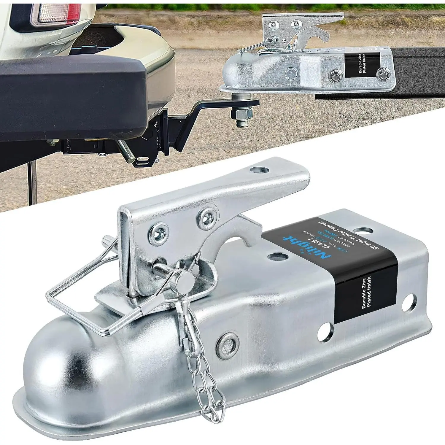 Nlilght Straight Trailer Coupler with Safety Latch&Chain for 1-7/8 Inch Hitch Ball, 2-1/2 Inch Channel,2000 LBS,Heavy Duty Trailler Tongue Coupler for Station Wagon, Truck, Bolted&Welded Installation