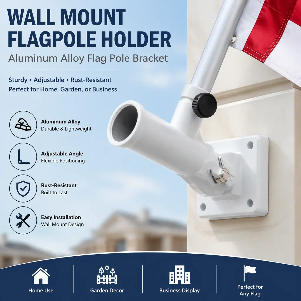 Metal Angled Flag Pole Base, White Aluminum Wall Flag Bracket, Multi-Angle Adjustable Flag Holder for Flagpoles