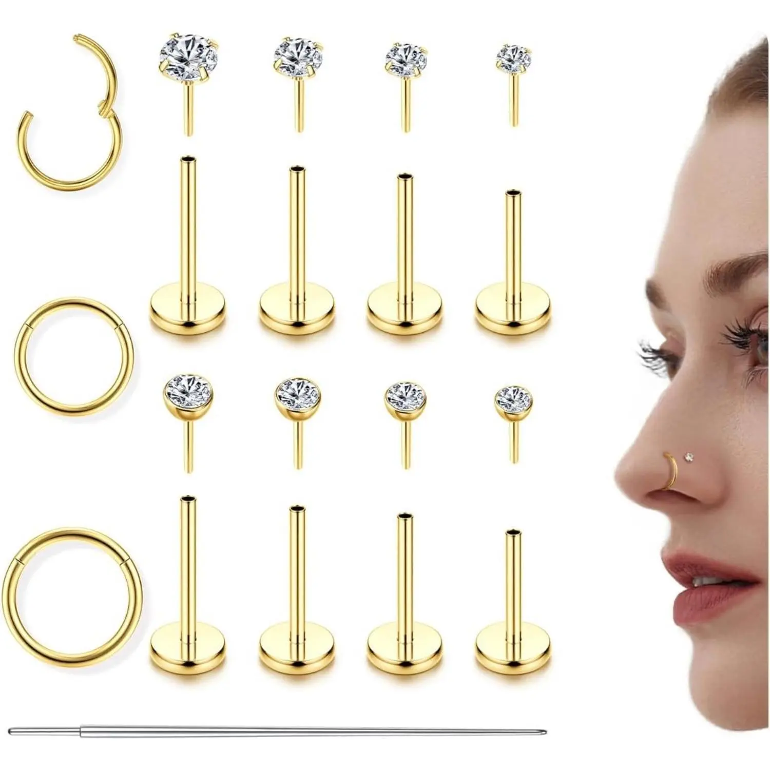 【Summervibes】CASSIECA 14K Gold Filled Flat Back Nose Studs For Women Men Hypoallergenic Surgical Steel Nose Rings Hoops- Threadless Flat Back Earrings Helix Cartilage Tragus Conch CZ Stud Labret Lip Nostril Septum Ring Body Piercing Jewelry 20G 18G 16G