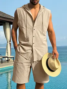 European-style men's linen hooded suit with sleeveless shirt and shorts. Available in multiple colors. A casual resort set.