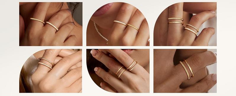 MILACOLATO Stackable Rings for Women 14K Plated Gold Stackable Thin Ring Minimalist Non Tarnish Cubic Zirconia Band Rings Dainty Trendy Statement Stacking Ring Set Size 5-10