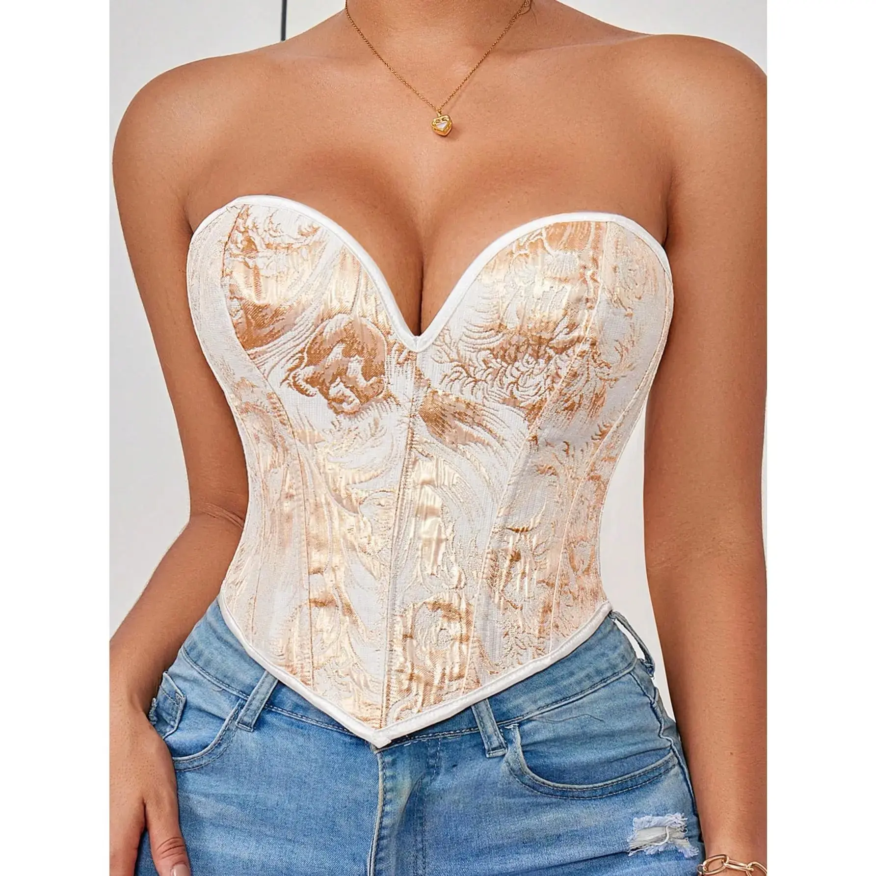 1pc Gold Corset Tops For Women Strapless Lace Up Boned Sweetheart Neck Bodyshaper Bustier Sexy Crop Top, Suitable For Wearing With A Dress
