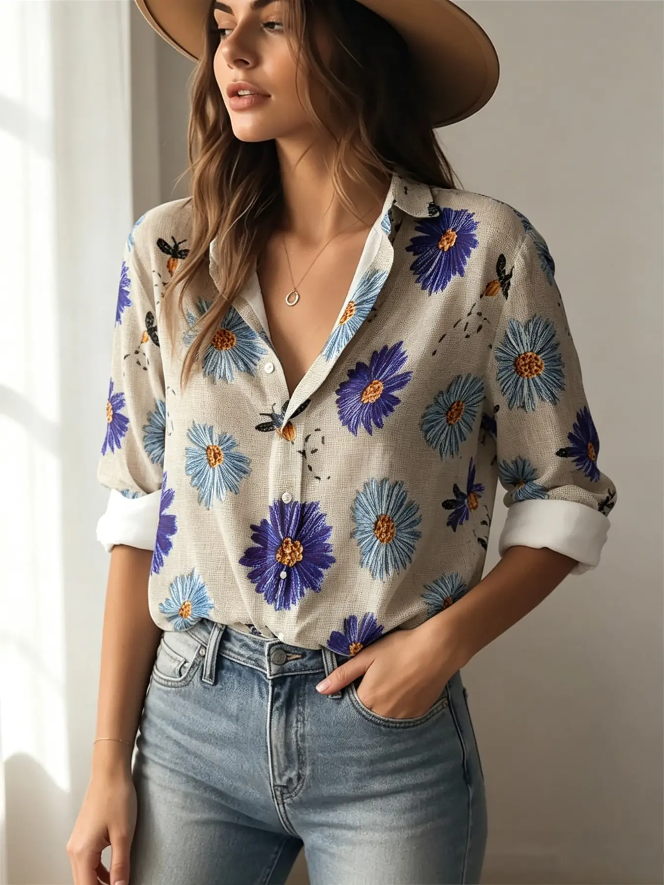 New Women's Linen Base Retro Blue Daisy Bee Print Shirt, American Country Floral Collar Textured Long Sleeve Blouse