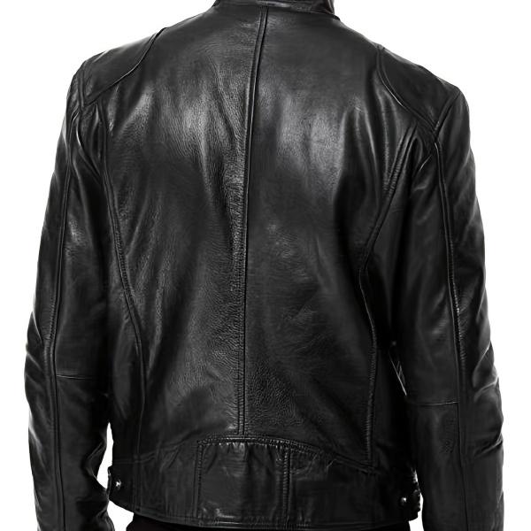 A black leather jacket with a stand collar, featuring a trendy cool style. The stand collar adds a touch of sophistication, while the glossy leather surface exudes confidence. The zipper is smooth and easy to operate, making it perfect for everyday street