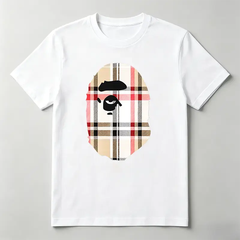 Cotton Plaid Ape Graphic T-Shirt, Retro Monkey Head Y2K Streetwear Tee, Unisex Crew Neck Short Sleeve Casual Shirt