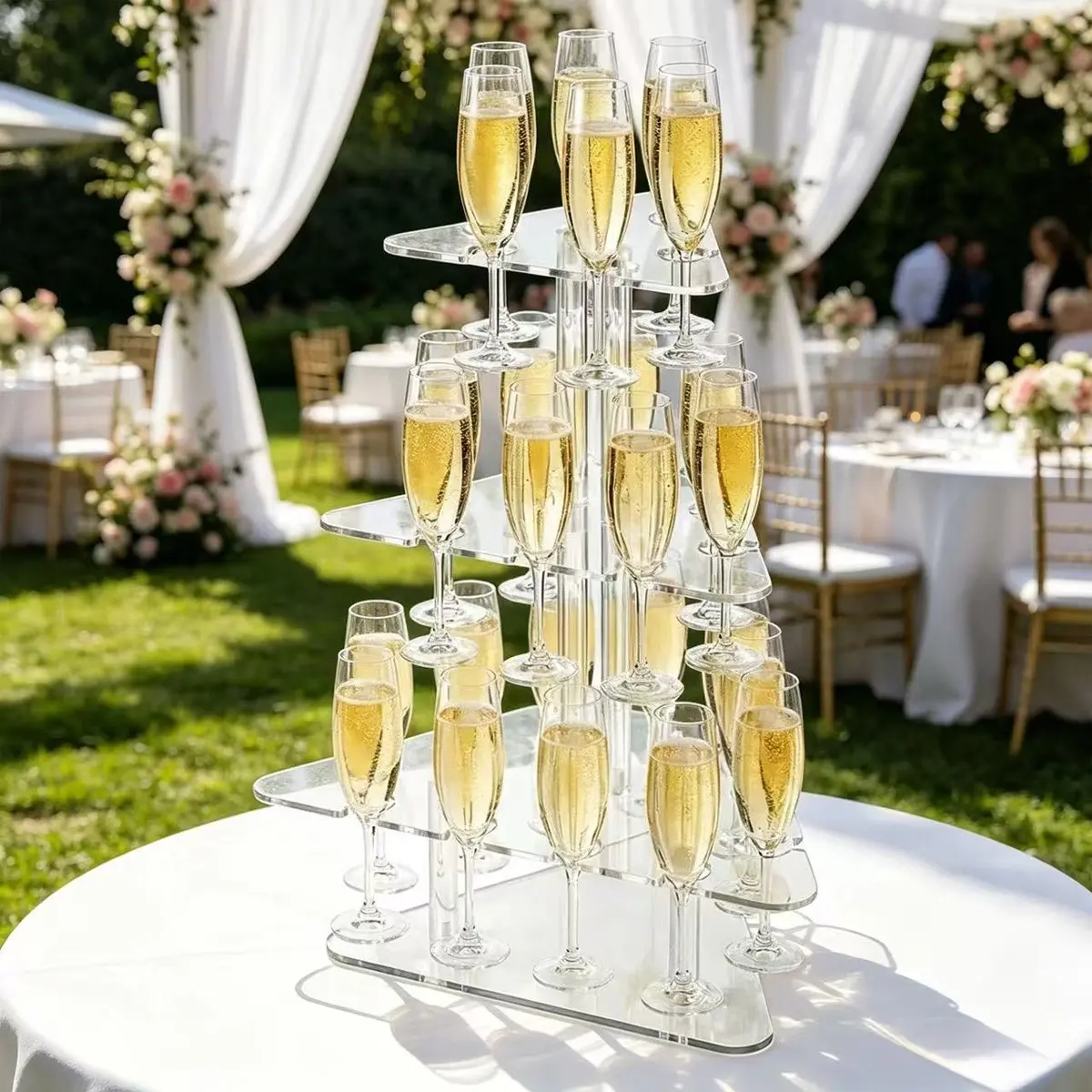 Party-Specific Champagne Wall Rack, 27 Bottle Slots, Elegant Three-Tier Clear Acrylic Tower, Wedding Reception Drink Holder, Ideal for Celebrations