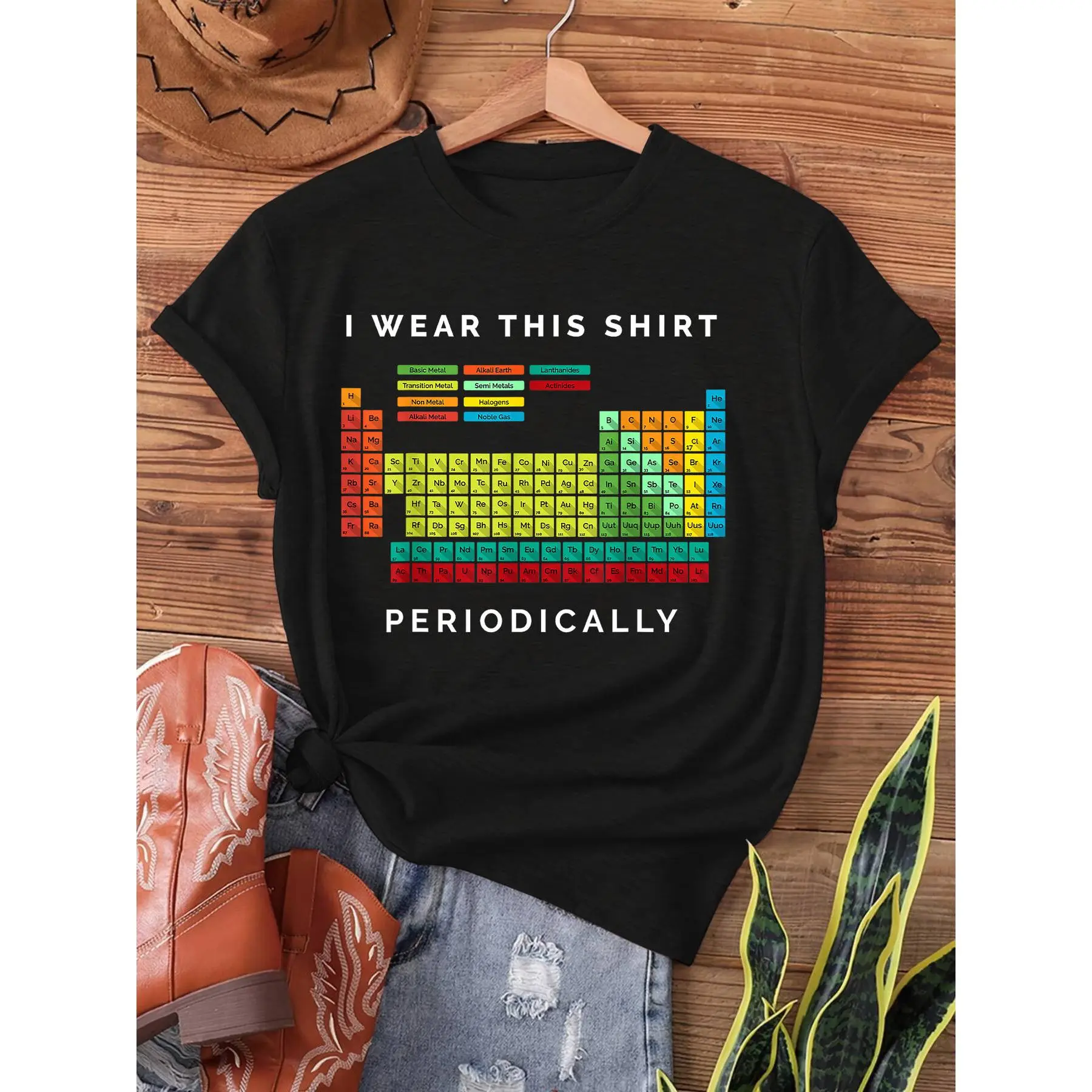 Women's Periodic Table Chemistry Graphic Print Short-Sleeve Crew Neck Cotton Knit T-Shirt - Casual Regular Fit Basic Chic Top for Spring & Summer, Machine Washable
