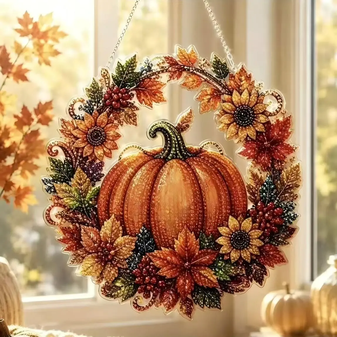 Halloween DIY Diamond Painting Suncatcher Kit - 9.84in Round Light-Up Acrylic Window Hanging Decor, Black Cat-Moon-Pumpkin Design with Pad & Tool, Craft Gift for Kids