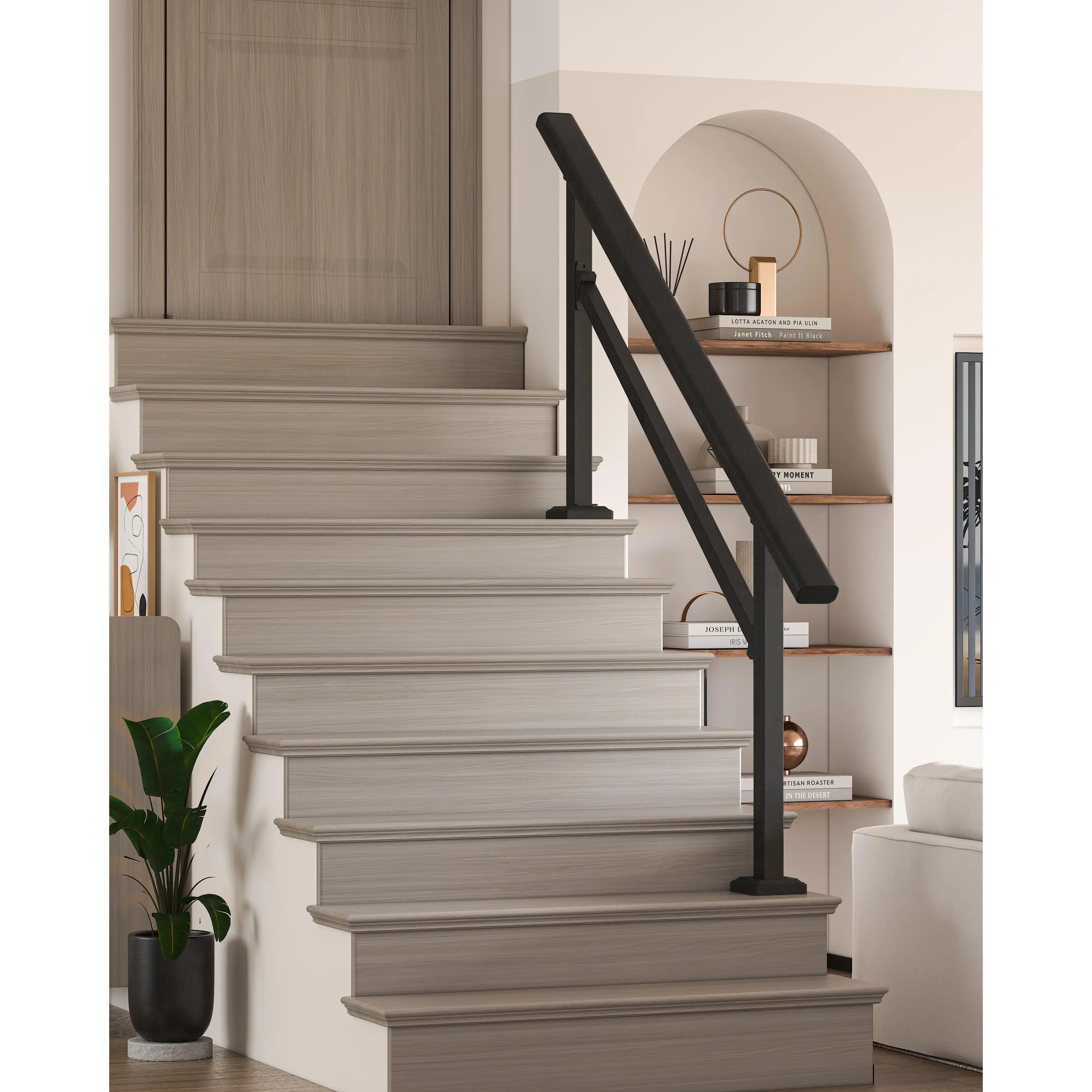 6-Step Staircase Handrail, Black Metal Railing Kit for Outdoor Porch, Deck & Concrete Steps, Safety Grab Bar for Seniors