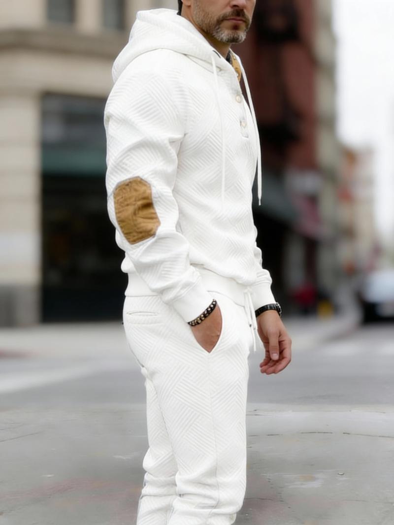 Vintage Style Men's 2-Piece Loungewear Set - Textured Fabric Hoodie with Button Placket & Contrast Details Casual Beige