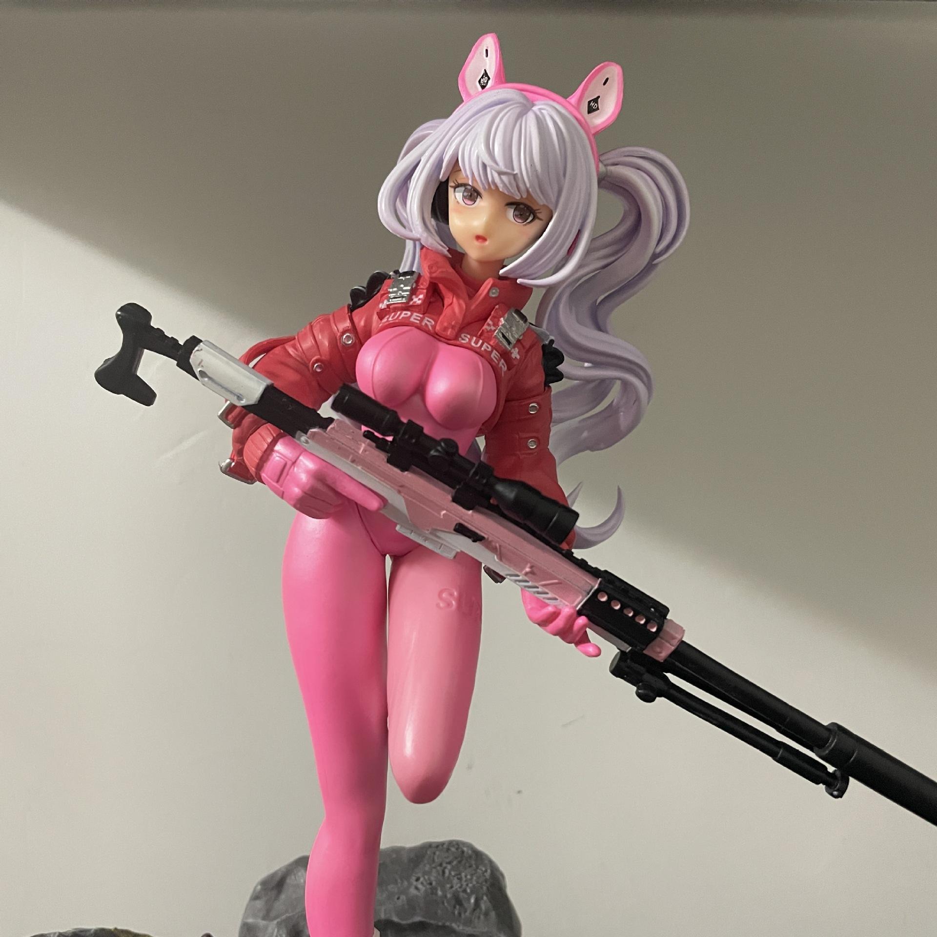 Cute Anime Girl Action Figure with Gun Pose and Display Base - Pink Outfit Bunny Style Statue