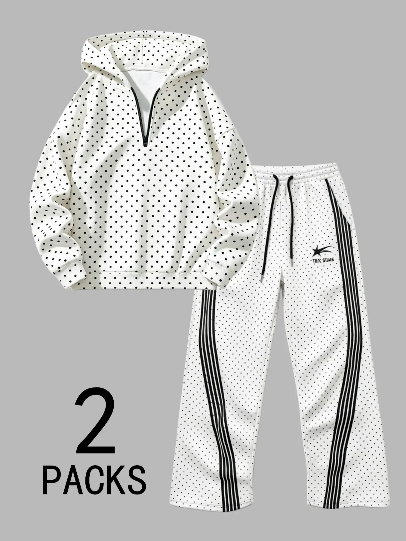 Women 2 Packs Tracksuit Set Half Zip Hooded Hoodies Striped Wide Leg Pants Conjuntos De Mujer Polka Dot Print Loose Soft Comfy Clothes Casual Sport Loungewear Athleisure Set For Daily Jogging Shopping Outdoor Travel