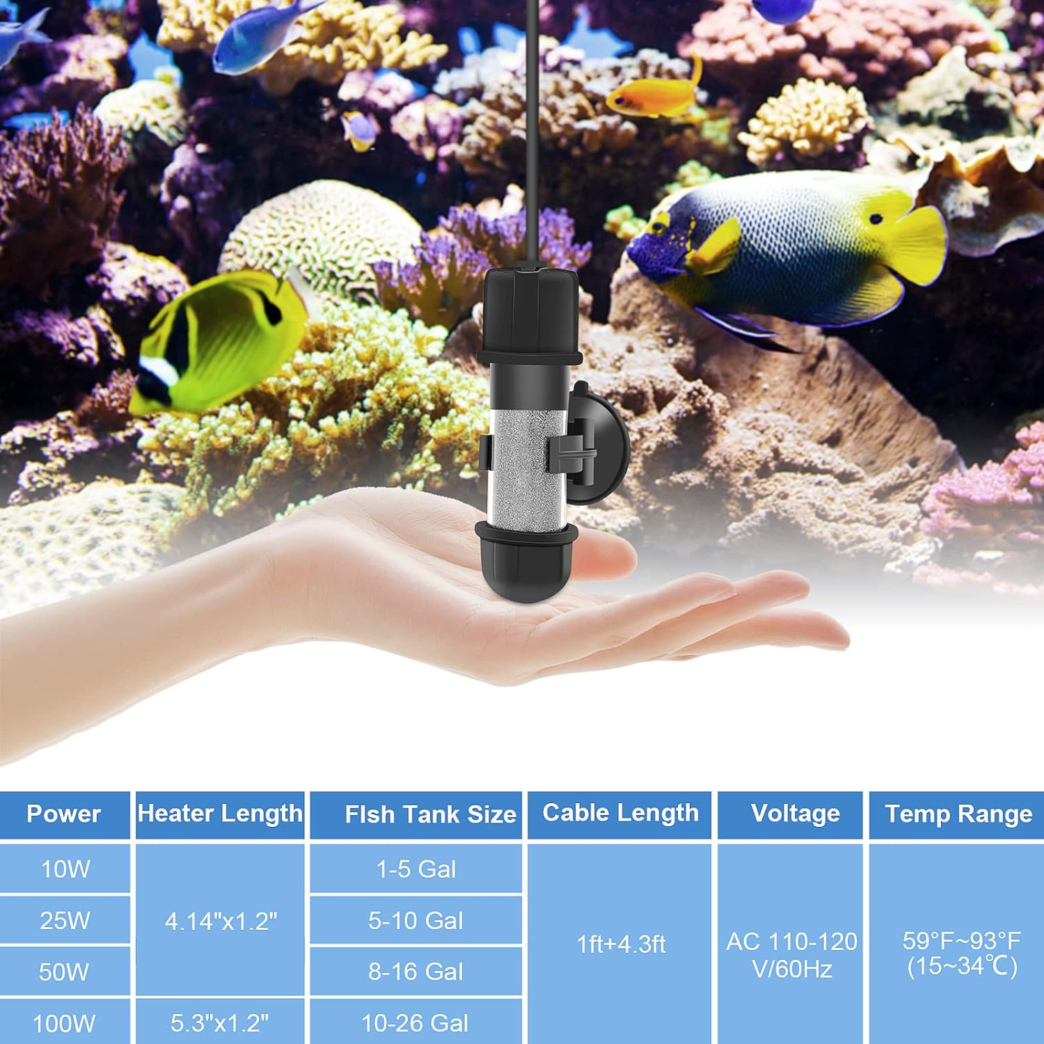 Small Aquarium Betta Heater, Submersible Fish Tahk Heater 10W/25W/50W/100W with LED Digital Display, Suitable for Marine Saltwater and Freshwater up to 5/10/16/26 Gallon