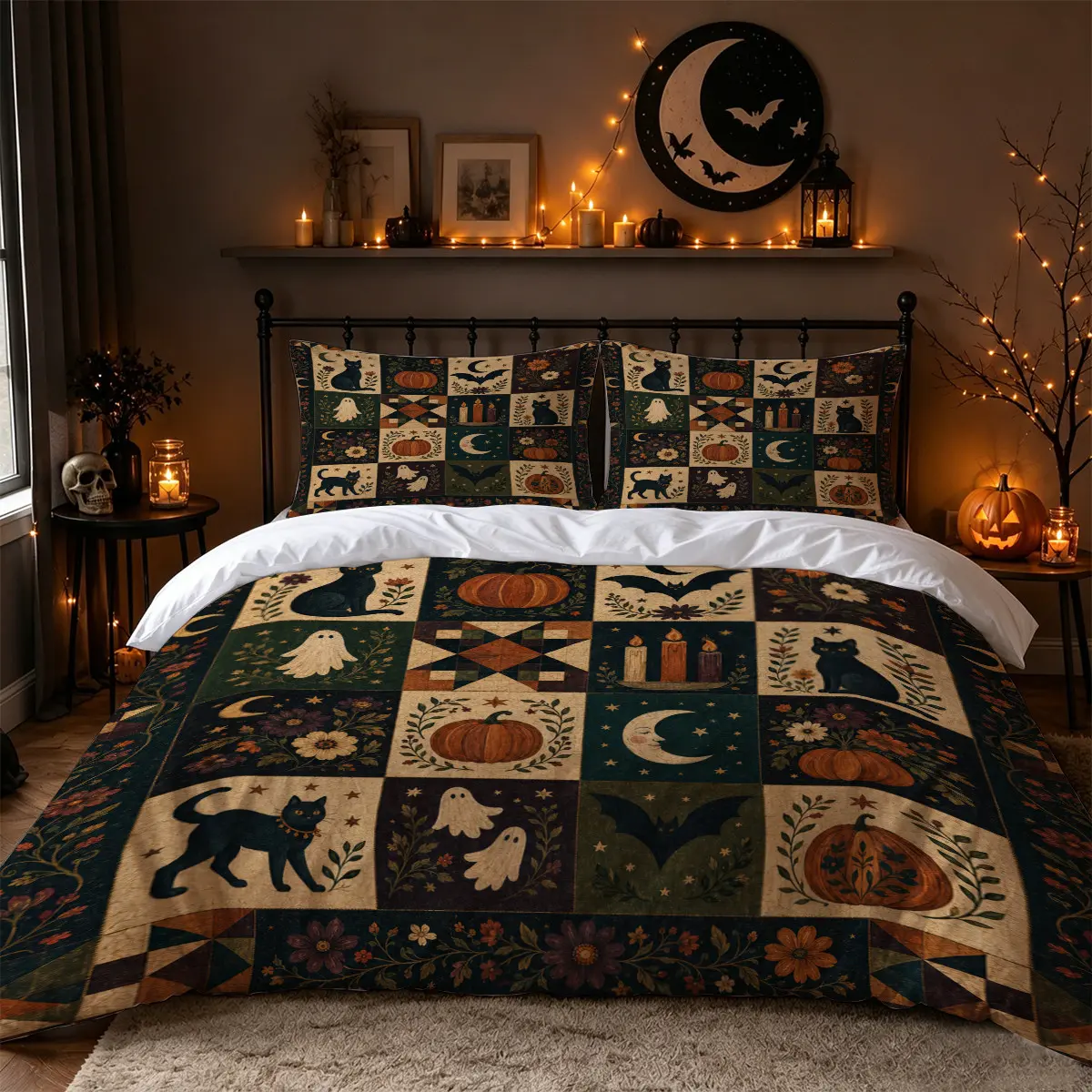 3Pcs Vintage Halloween Black Cat Pumpkin Ghost Bat Moon Patchwork Print Duvet Cover Set, Cottagecore Farmhouse Bedding with 1 Duvet Cover and 2 Pillowcases, No Comforter, Cozy Bedding Set, Bedroom Decor for Adults, Apartments, Dorms and Guest Rooms