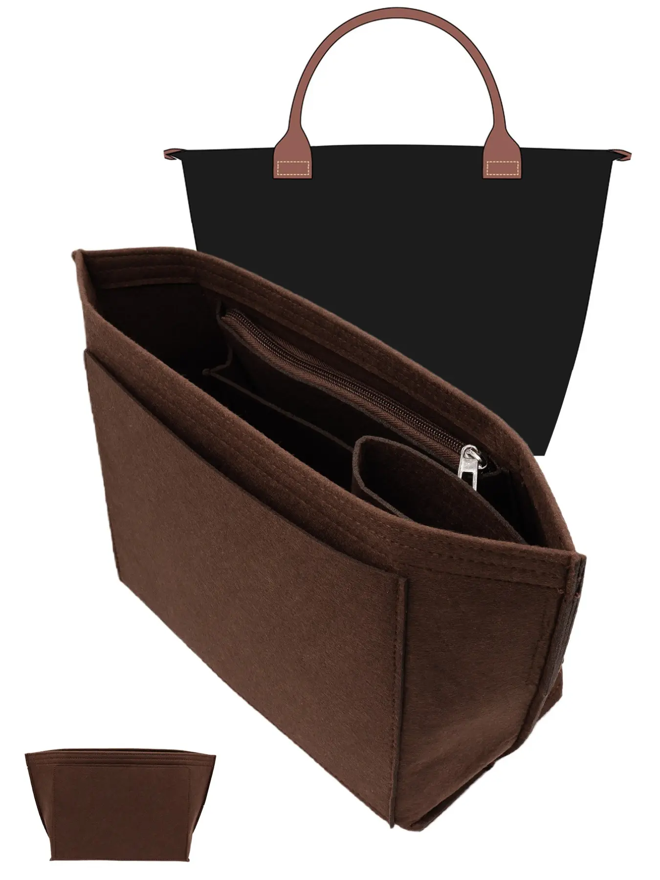 Felt Bag Liner With Zipper For Le L Tote And M Handbag, Long Champ Bag Organizer Insert With Cup Holder, Women Purse Shaper With 8 Compartments