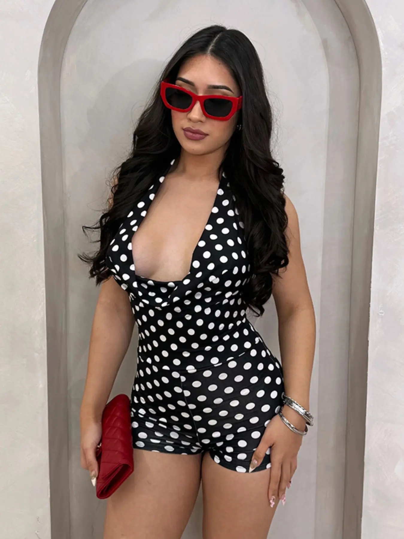 Women's Polka Dot Halter Neck Jumpsuit, Backless Fitted Short Dress, Night Out Date Wear, Sexy Chic Plain Surface Pattern
