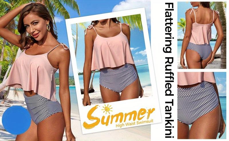 Women's Bikini Swimsuit Two-Piece Swimwear Tummy Control High-Waist Bikini Bottoms Ruffle Top Bikini Set