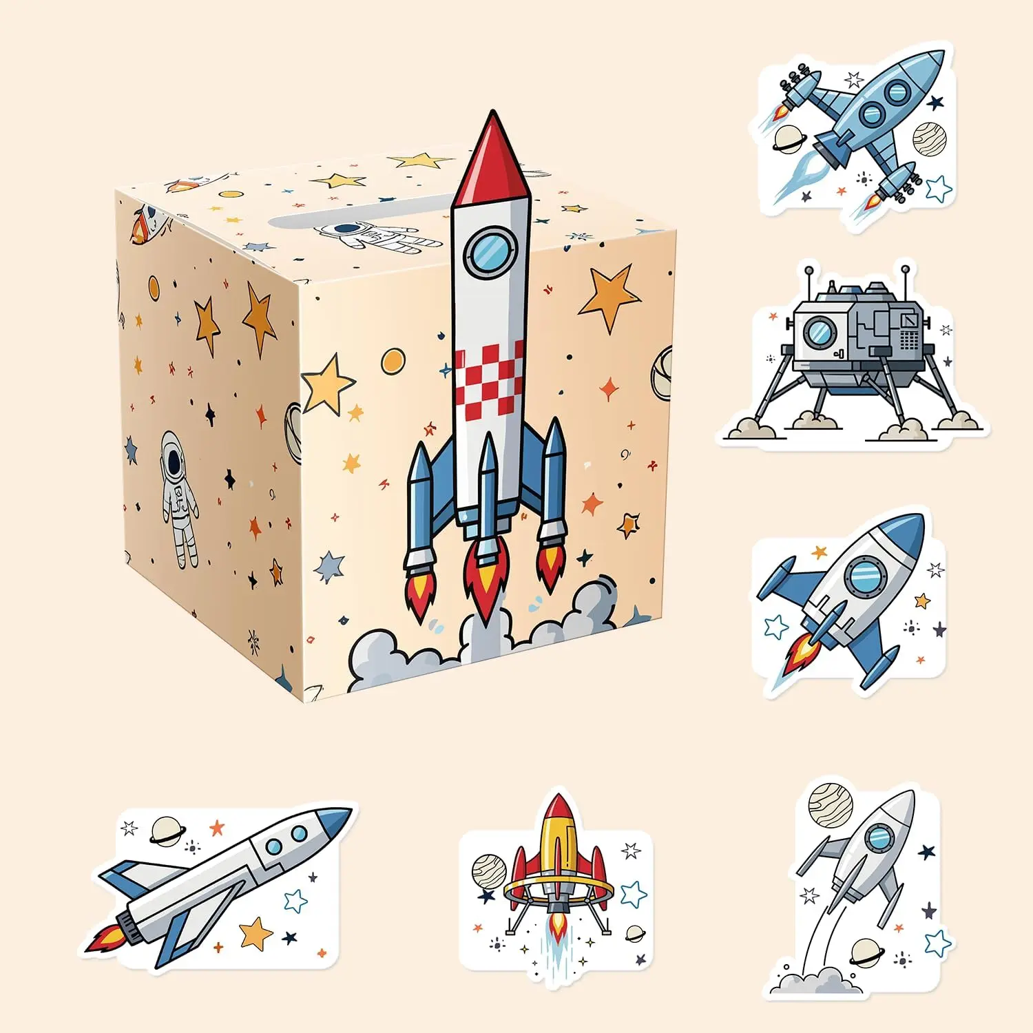 Rocket-Shaped Pre-Assembled Cube Valentine Box with Exchange Card, 8.6" Size Modern Mailbox for Classroom Class Party Favor