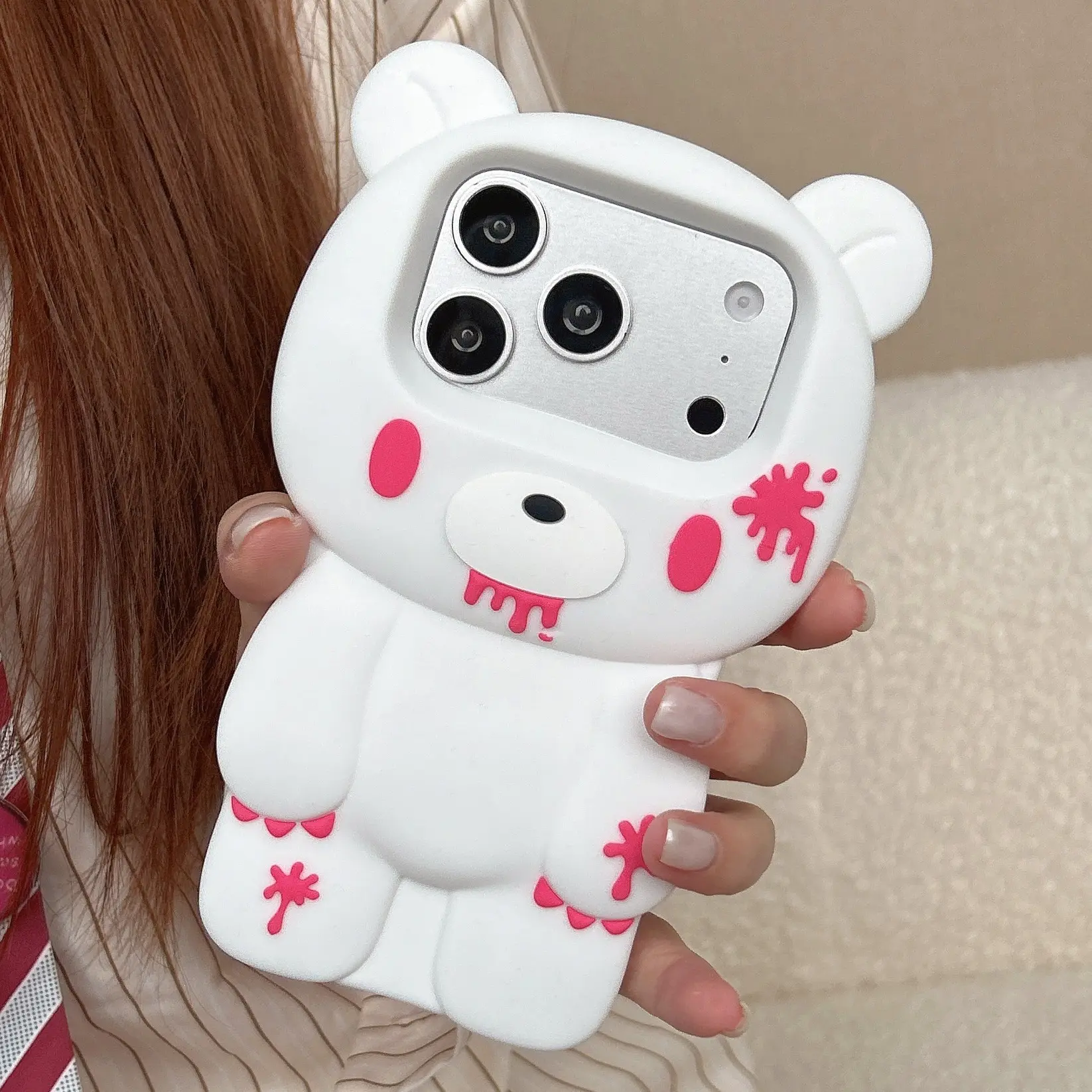 Cute 3D Cartoon Black-and-White Bear Phone Case For iPhone 17 16 15 14 13 Pro Max Shock-Resistant Soft Case