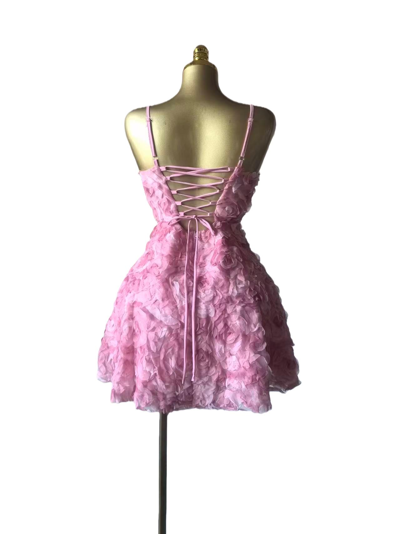 2026 Women's Sweet Strapless Rose Flower Bubble Short Dress Sleeveless Tube Top Waist-Cinching Dress