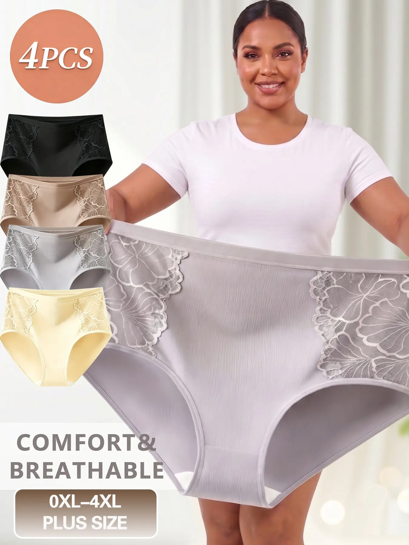 4pcs Plus Size Mid-Waist Lace Breathable Women's Thong Briefs, Lightweight Soft Underwear, High Elasticity for Curvy Bodies, Daily Wear
