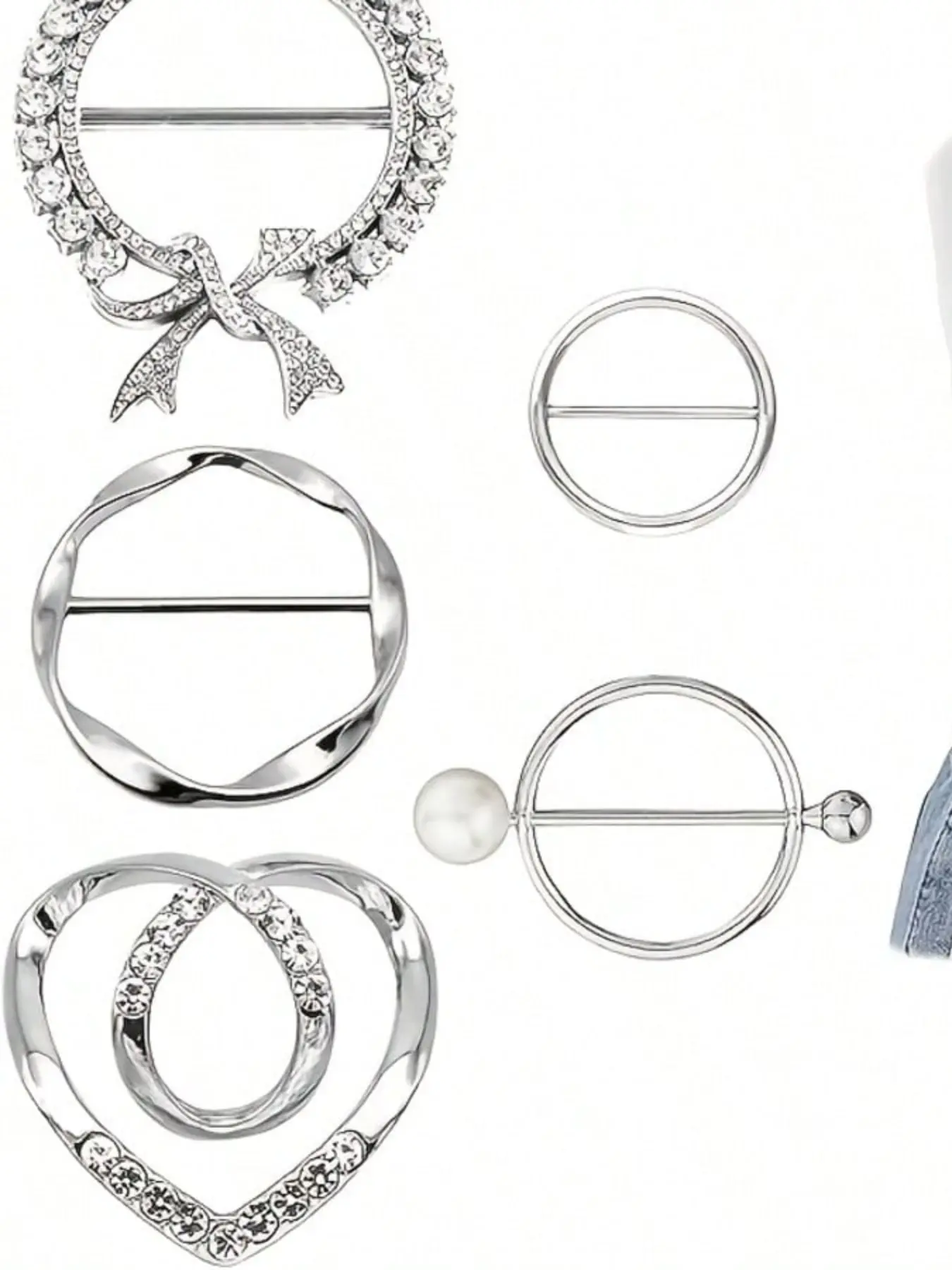 5 Piece Scarf Rings and Slide T-Shirt Tie Clip, Women's Clothing Waist Cinch Clips, 5 Styles, Medium Silk Knots, Alloy Brooch Pin
