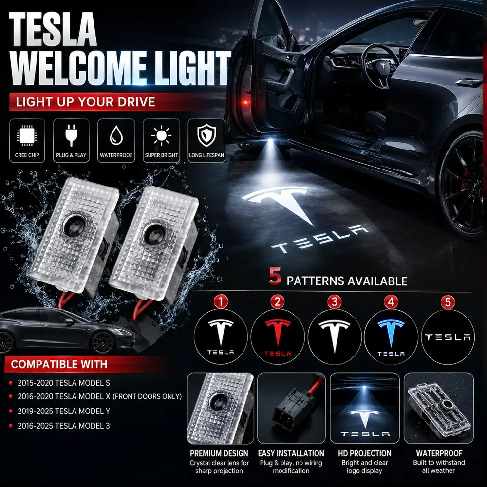 💡🚗2PCS Car Door Welcome Lights Car Decorative Light Auto Decorative Light for Tesla Model 3 Model Y Model S Model X LED Logo Projector Puddle Lights HD Shadow Lamp Plug & Play Accessories Five patterns to choose from