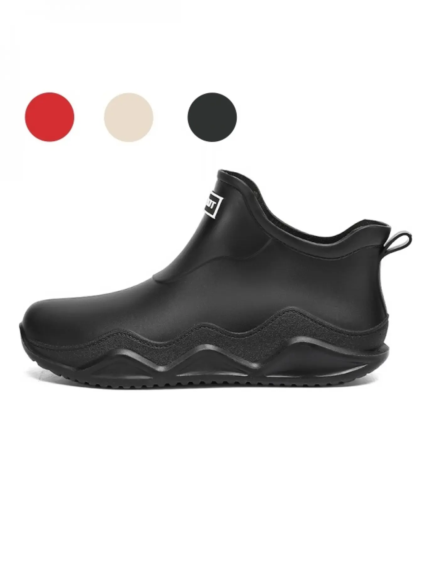 Lace-Free Slip On Women Short Waterproof Rain Boots, Smooth Round Toe Wave Red Contrast Anti-Slip Sole For Minimalist Rainy Daily Outfits