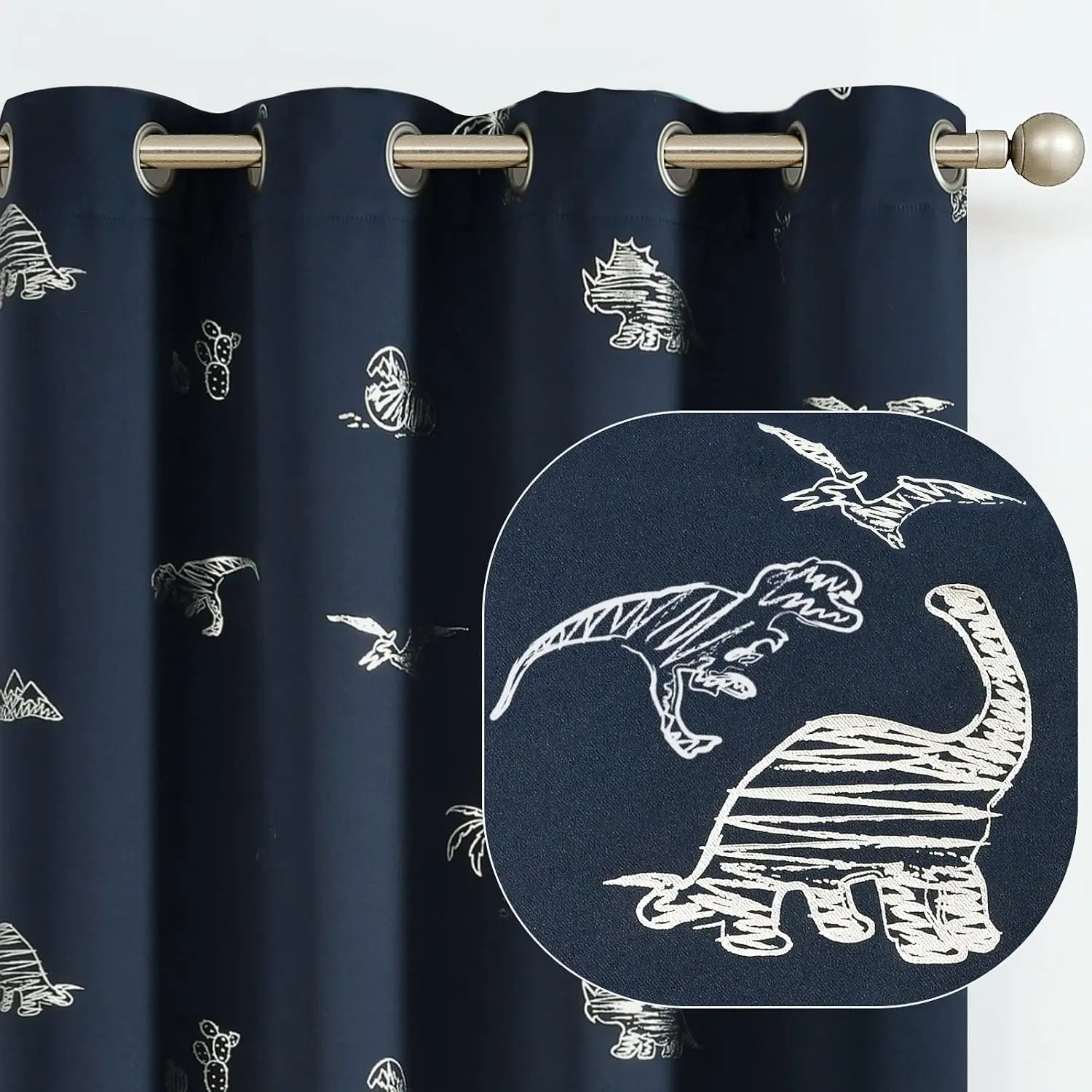 Kids Navy Blue Blackout Dinosaur Curtains, Silver Dino Foil Print Thermal Insulated Grommet Top Drapes, 63 Inches Length 2 Panels Window Treatments for Boys Girls Kids Nursery Room