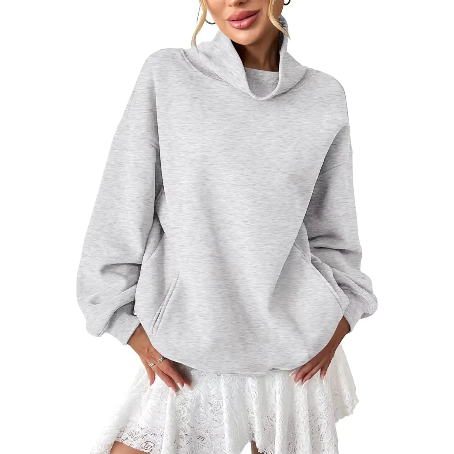 Women's Oversized Turtleneck Fleece Hoodie - Long Sleeve Pullover with Pockets, Polyester-Spandex Blend, Fall Fashion Top for Pairing with Joggers & Bottoms, Fabric, Garment, Ribbed, Lightweight, Lady, Stretchy, Cotton