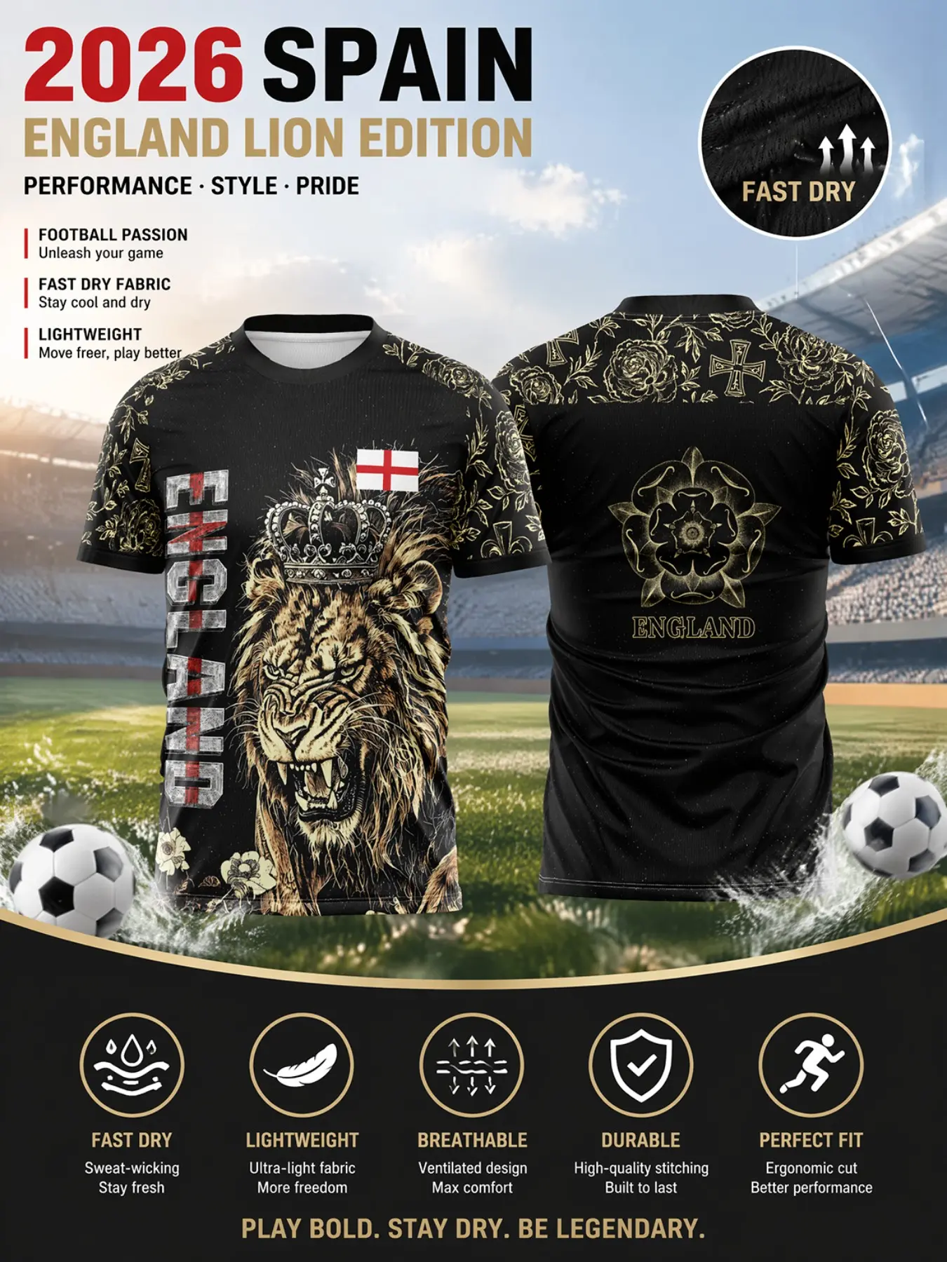 2026 England Gold Soccer Jersey Shirt, Ultra-Light Comfort Quick-Dry Sportswear, Vintage Tudor Rose Print, Ideal for Football & Gym Training, Lightweight Breathable Jersey