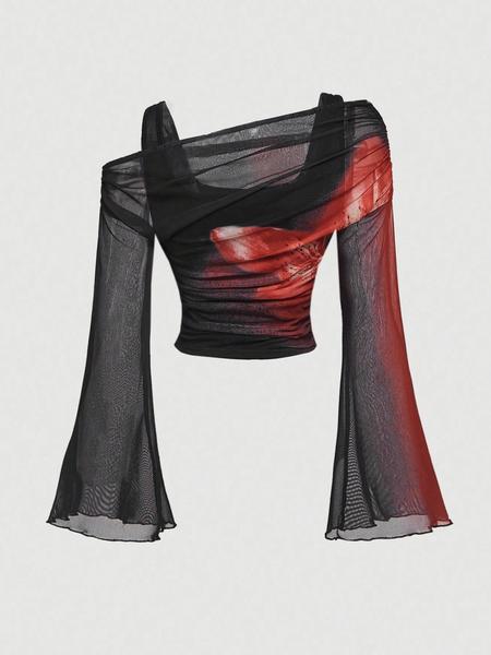 Valentine's Day Women's Long Sleeve T-Shirt, Asymmetrical Shoulder Design Slim Fit Casual Top, Fall & Winter Fashion, Moderate Fabric, Comfortable Wear