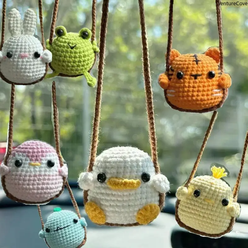 Cute Crochet Animal Bag Charm, Handmade White Rabbit & Green Frog PU Leather Keychain, Unisex Collectible Car Hanger Accessory, Collectibles, Handmade Crochet, Cute Plush Charm, Small, Synthetic, Keychain Hook, Collectible Gift