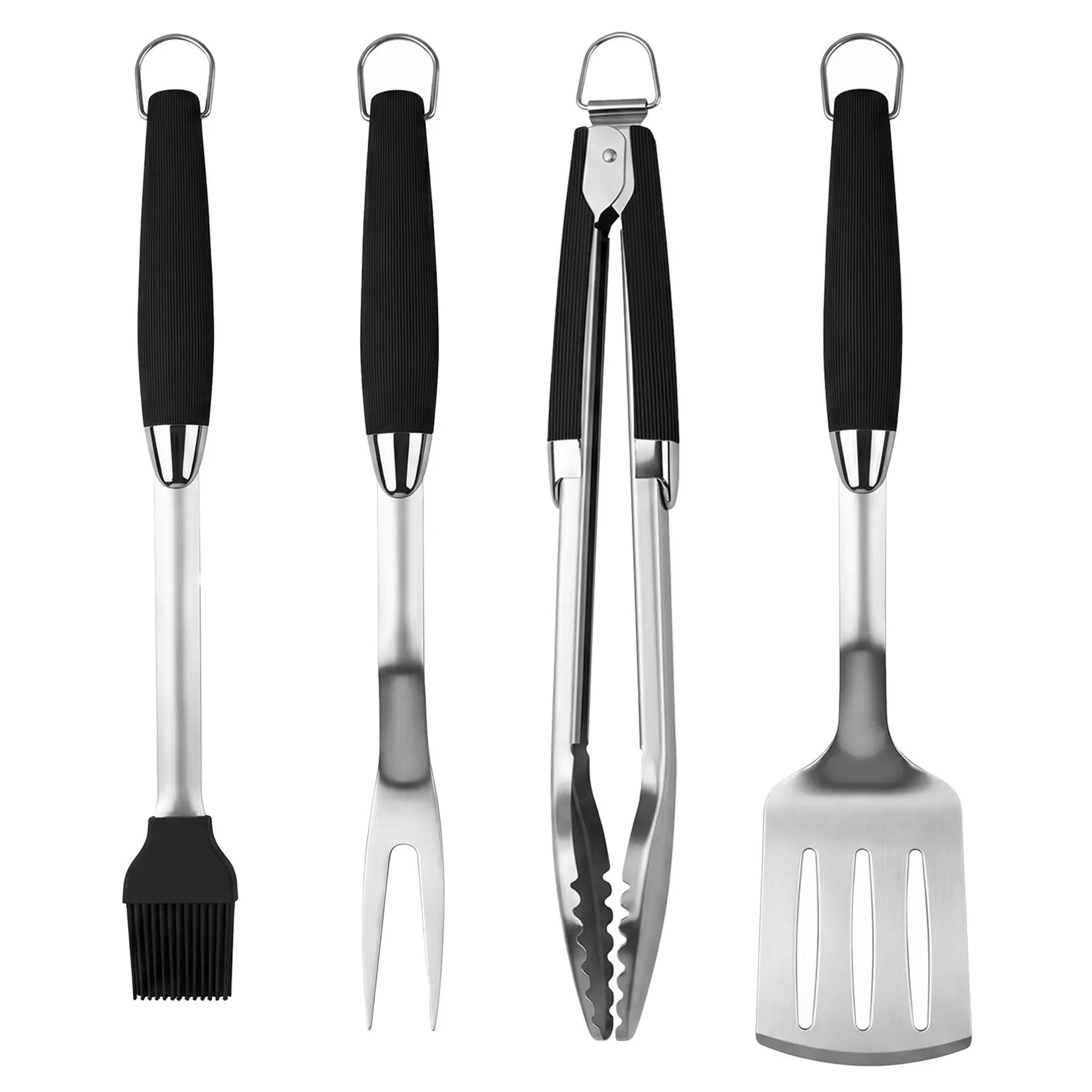 IdealHouse 4-Piece Premium Stainless Steel Outdoor BBQ Utensils Set with Non-Slip Silicone Handles, Hanging Loop, 16.5-17.9 Inches Tools (Spatula, Fork, Tongs, Basting Brush) – Portable Gear for BBQ Lovers’ Backyard, Tailgate Use
