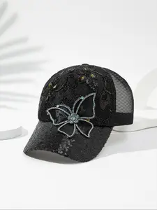 Women's Fashionable Sequins Butterfly Decor Baseball Cap, Casual Breathable Sunshade Exposed Ponytail Net Mesh Baseball Cap for Daily Wear, Fashion Accessories for Women & Girls