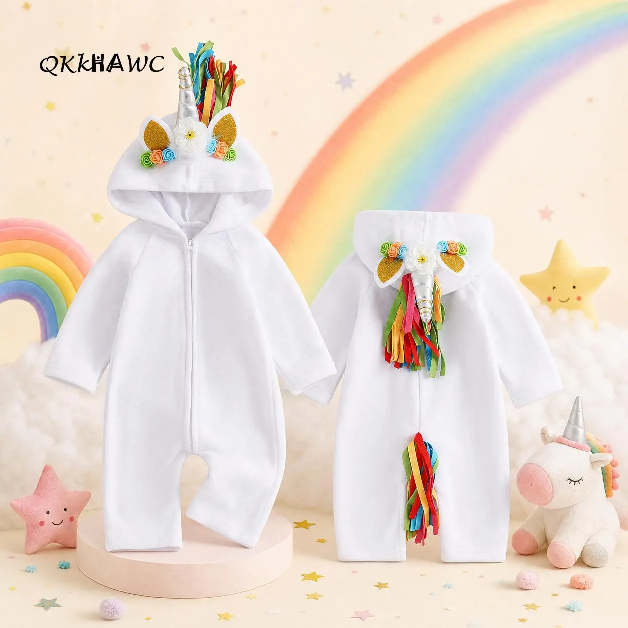 Infant and toddler unicorn Halloween costume, white fleece full-zip hooded romper with rainbow mane, horns, and flower decorations, cute role-playing  romper., Polyester, Long Sleeve Shirt