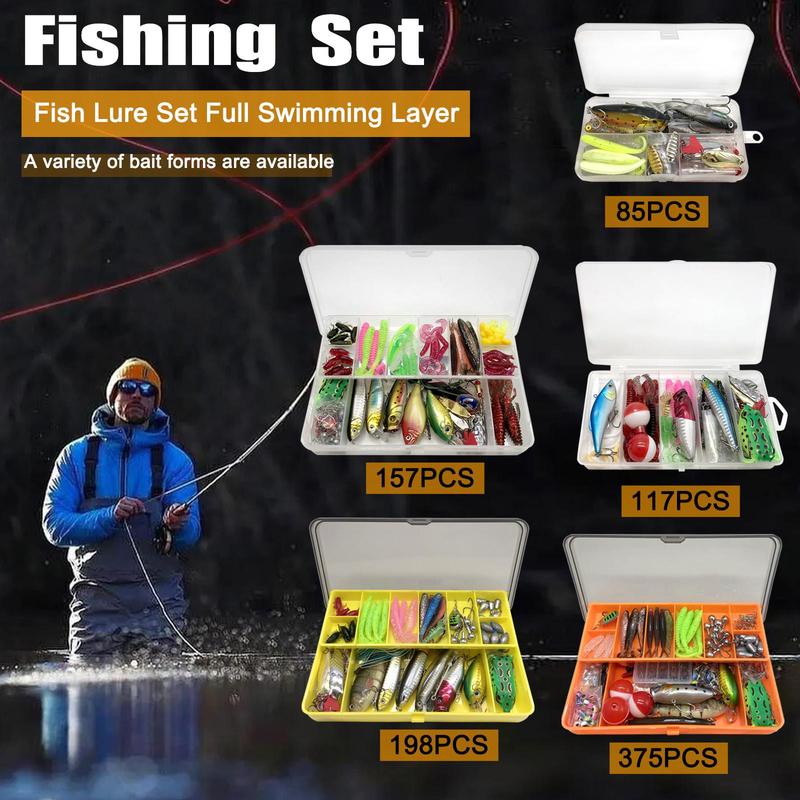 Artificial Fishing Lure Kit, 85, 117, 157, 198 or 375-Piece Fishing Lure Set with Spoon Lures, Soft Plastic Worms, Crankbait Jigs and Fishing Hooks, Fishing Accessories
