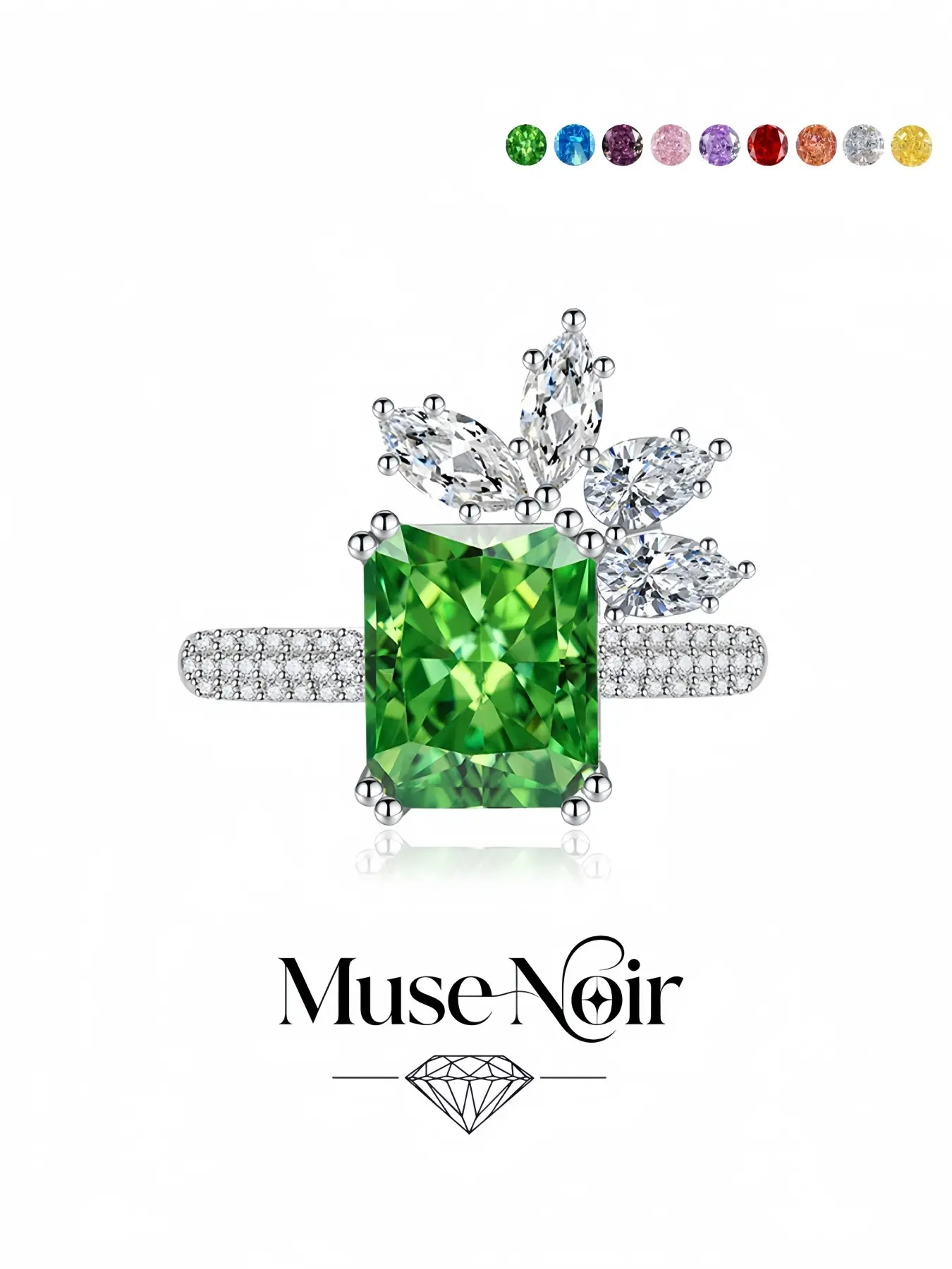 "Green Leaf Radiance · Crown Ring" Fashion square-cut green gem ring with dazzling ice flower cut and adjustable band. A romantic gift for couple dates, essential jewelry for daily wear, vacations and formal dinner parties.