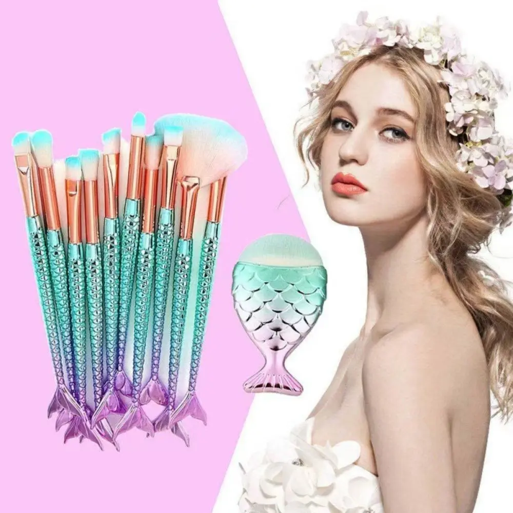 Girlish dreamy 11pcs mermaid makeup brush combo, full tools for base, brows and blush. Color gradient fishtail handles with fine powder-grabbing bristles, easy for beginners daily makeup and outdoor touch-ups.