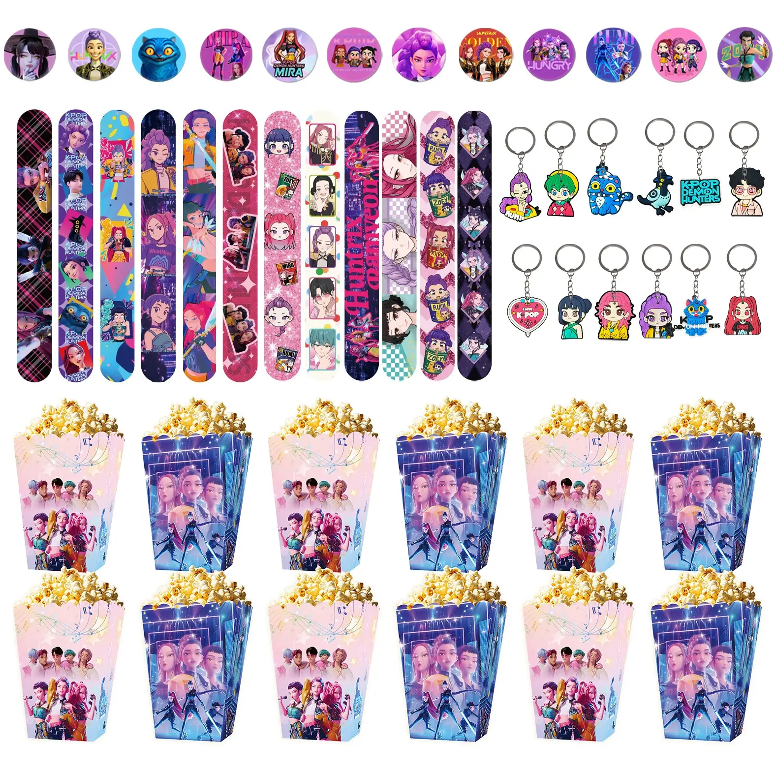 4 sets of Korean cartoon girl group party gift packs, each including 12 cartoon keychains, 12 cartoon bracelets, 12 popcorn snack boxes, and 12 cartoon badges. The best choice for parties, so everyone gets their own special gift.