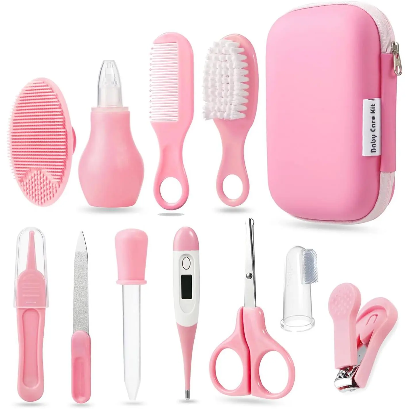 Baby Healthcare Grooming Kit, Baby Safety Set Baby Comb, Brush, Finger Toothbrush, Nail Clippers, Scissors, Nasal Aspirator, Baby Essentials Nursery Care Kit (Pink), Baby Items, Newborn Baby Stuff