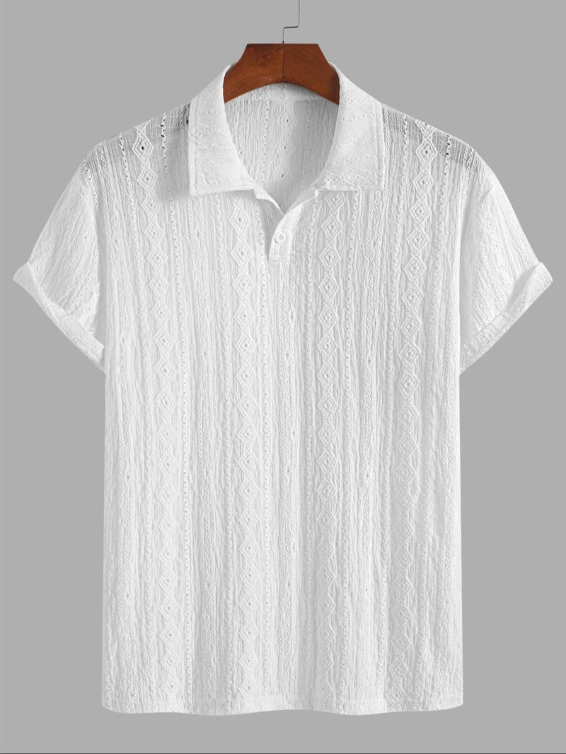 Men's Solid Jacquard Button Polo Shirt, Regular Fit Casual Short Sleeve Polo Top for Summer, Fashion Men's Clothes for Daily Wear