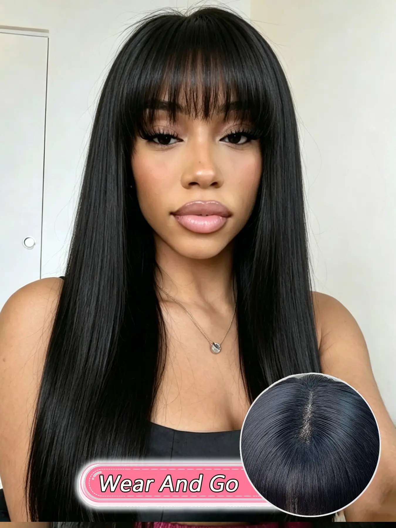 Black Human Hair 5x5 Glueless Lace Closure Bang Wig, Long Straight Hair With Curtain Bangs, Natural Face Framing Style, No Tangle Soft Hair, Beginner Friendly Wear For Women, Glueless Hair Wigs