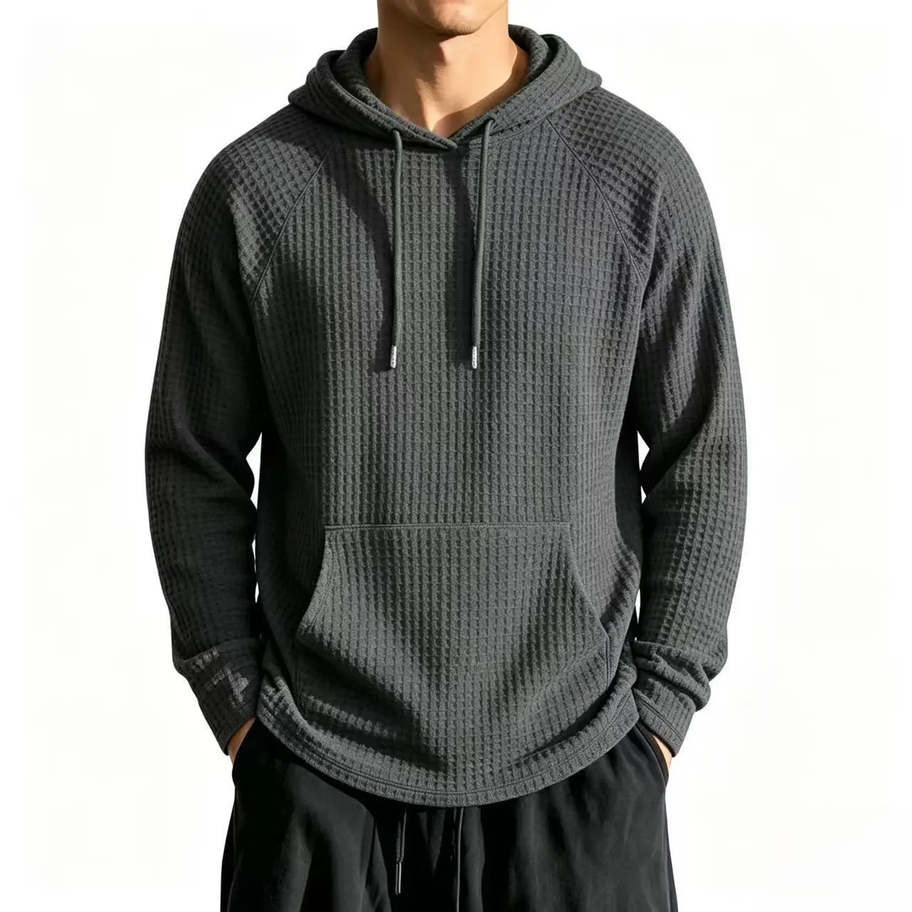 Mens Waffle Solid Color Loose Fit Long Sleeve Pullover Hoodie Hooded Jacket Casual Sweatshirt Mens Clothing Ideal For Daily Home Commute Outdoor Sports Fitness Everyday Male Wear