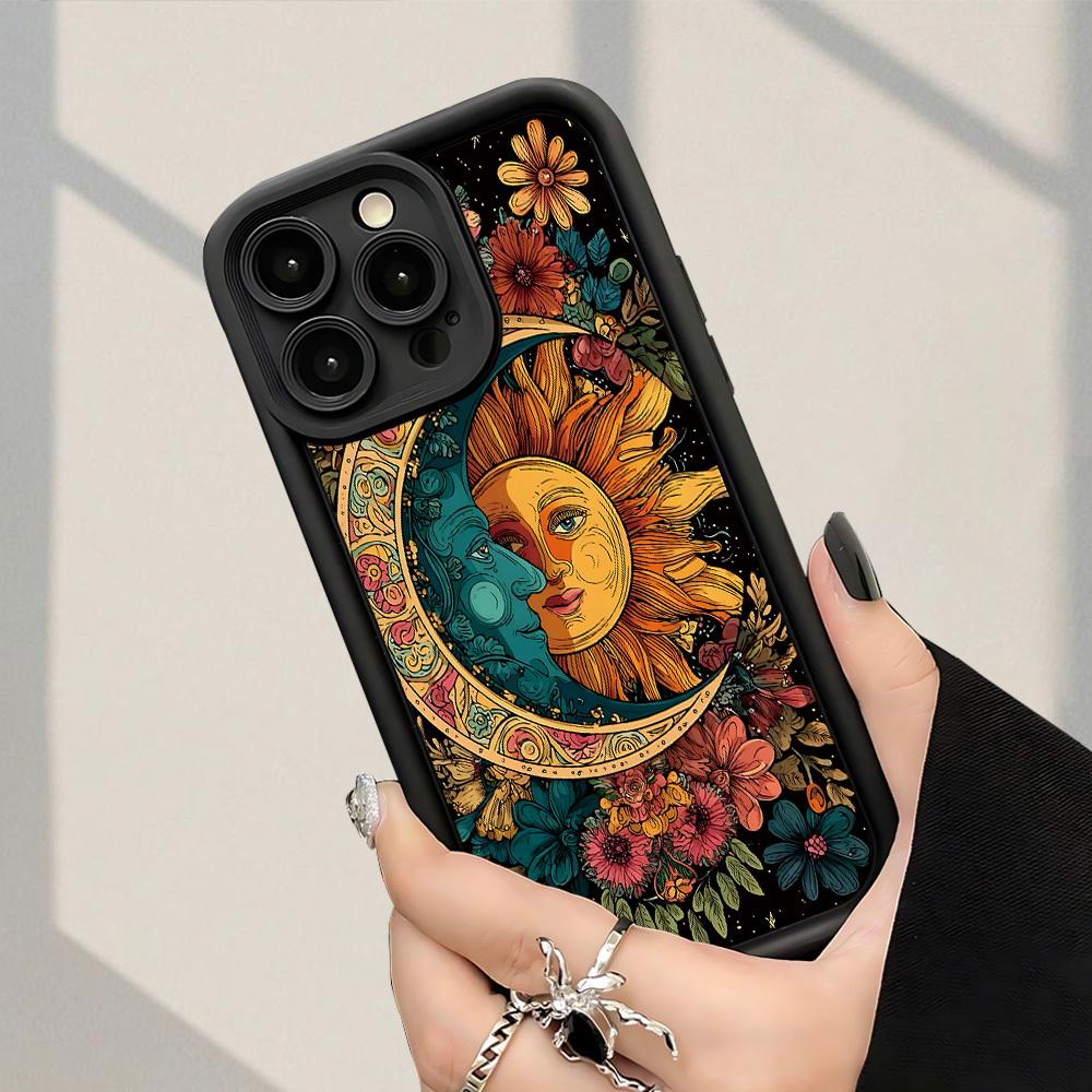 Stylish Phone Case Featuring a Sun And Moon Floral Design, Offering Shock Resistance And Anti-Fingerprint Properties. It Provides Full Coverage And Is a Thick, Soft Protective Case with iPhone 17 E Air Pro ProMax iPhone16 15 14 Plus 13 12 Mini 11 X XS XR