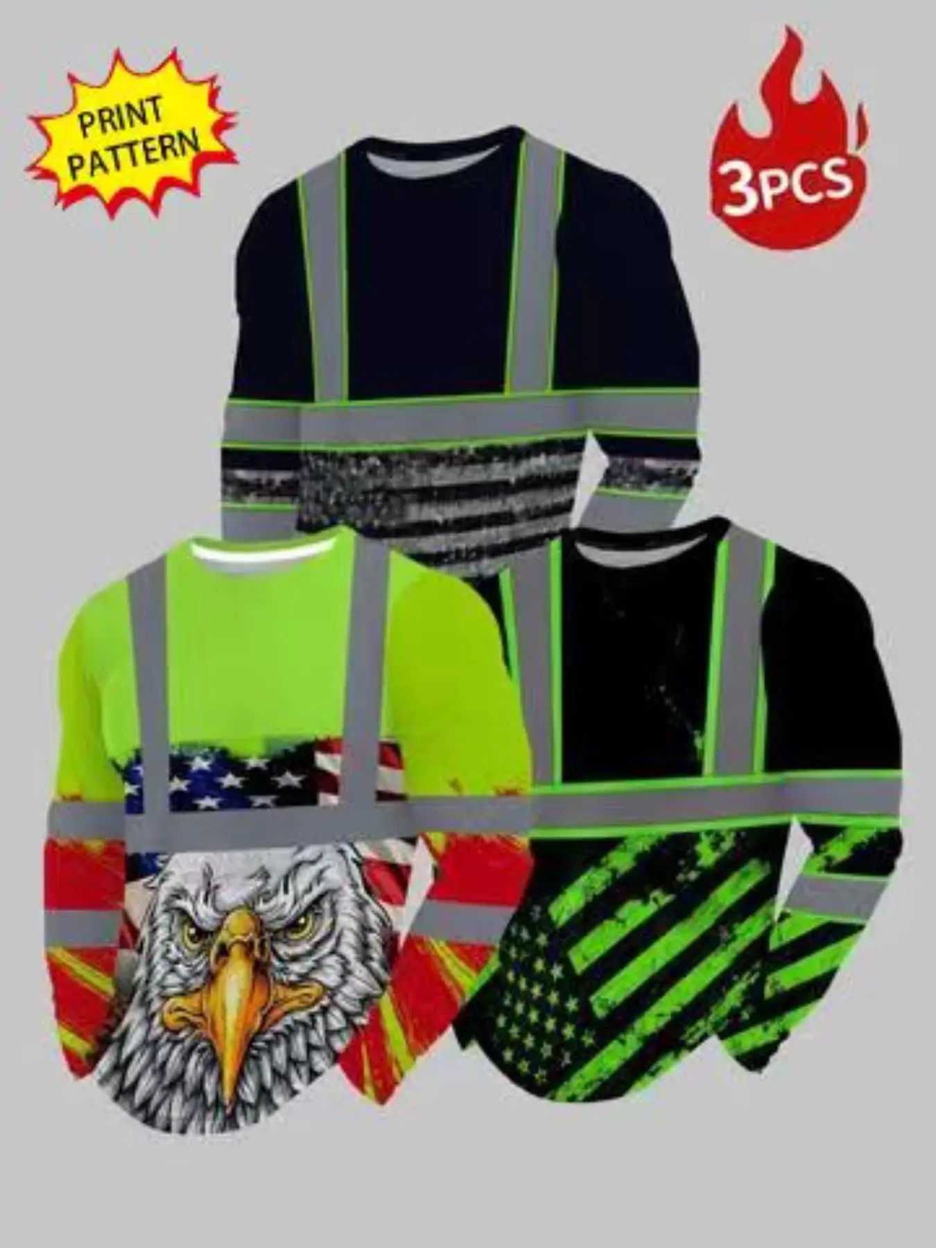 3-Piece Fluorescent Reflective Print Long Sleeve Set, Round Neck, Vintage Star Flag Eagle Design, Bold Workwear Style, All Seasons Casual Wear