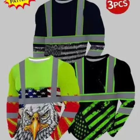 3-Piece Fluorescent Reflective Print Long Sleeve Set, Vintage Star Flag Eagle Design, Bold Durable Workwear Style, All Seasons Casual Wear