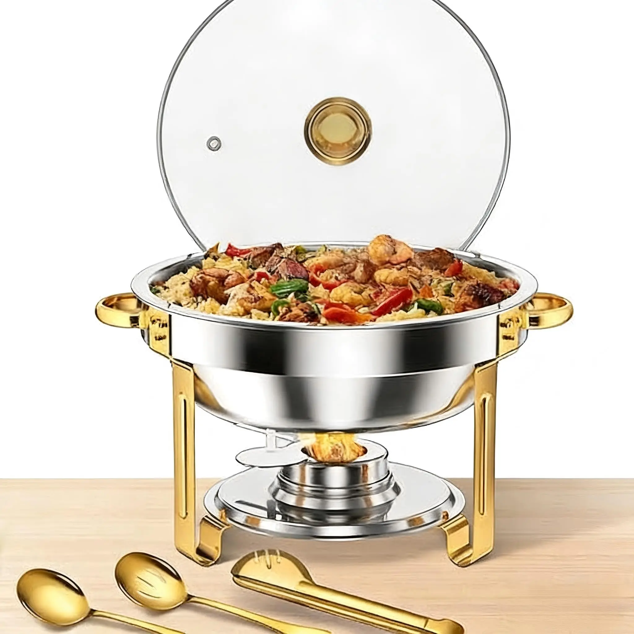 GARVEE 2 or 4Pack 5QT Stainless Steel Round Chafing Dish Buffet Set with Tempered Glass Lids, Folding Stands, Fuel Holders, and Utensils – Perfect for Catering, Weddings, Parties, Banquets, and Buffet Events