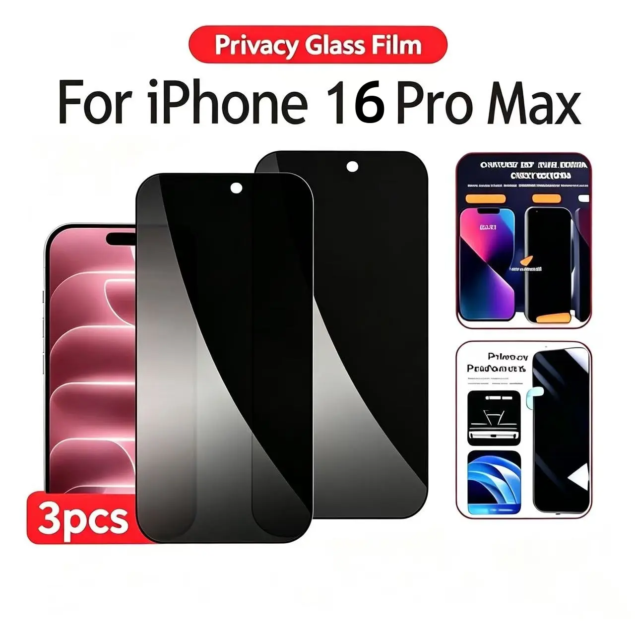 3-1PCS Tempered Glass Privacy Screen Protector for iPhone 16 Pro Max Anti-Peeping and Anti-Shatter Phone Screen Protector
